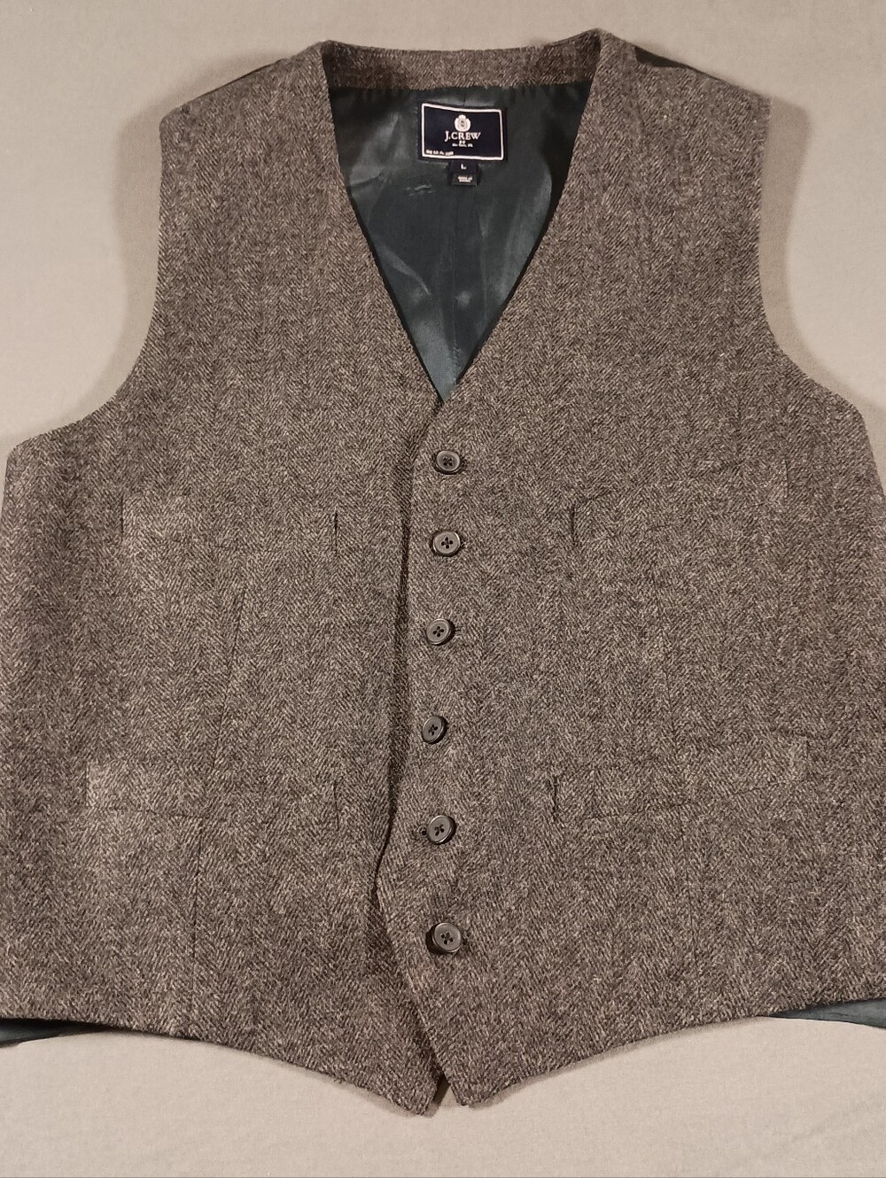 J.Crew Wool Herringbone Tweed Old Money Luxury Men's Large Preppy Gray Vest